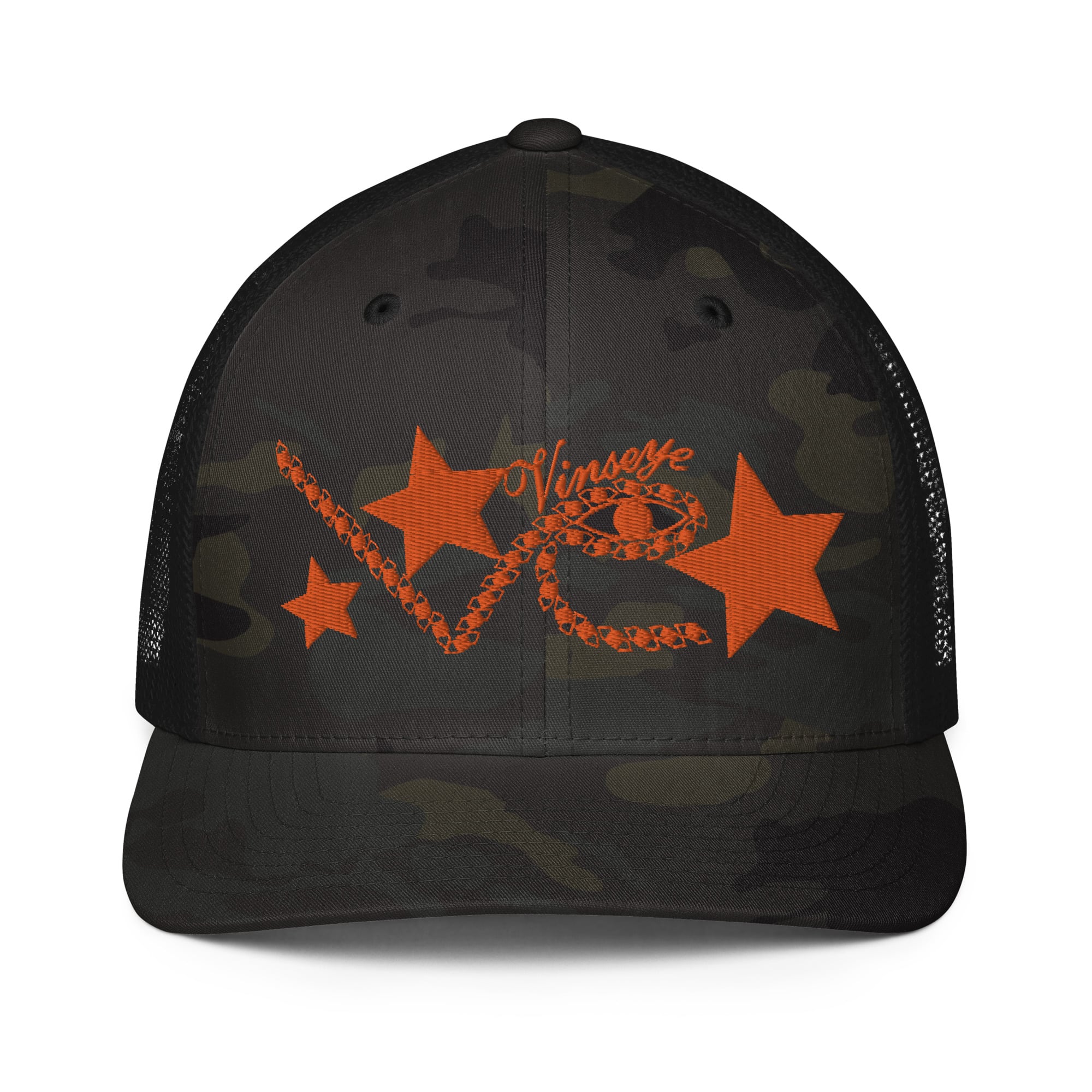Casquette trucker camo noir full eyes star orange Vinseye-influensse