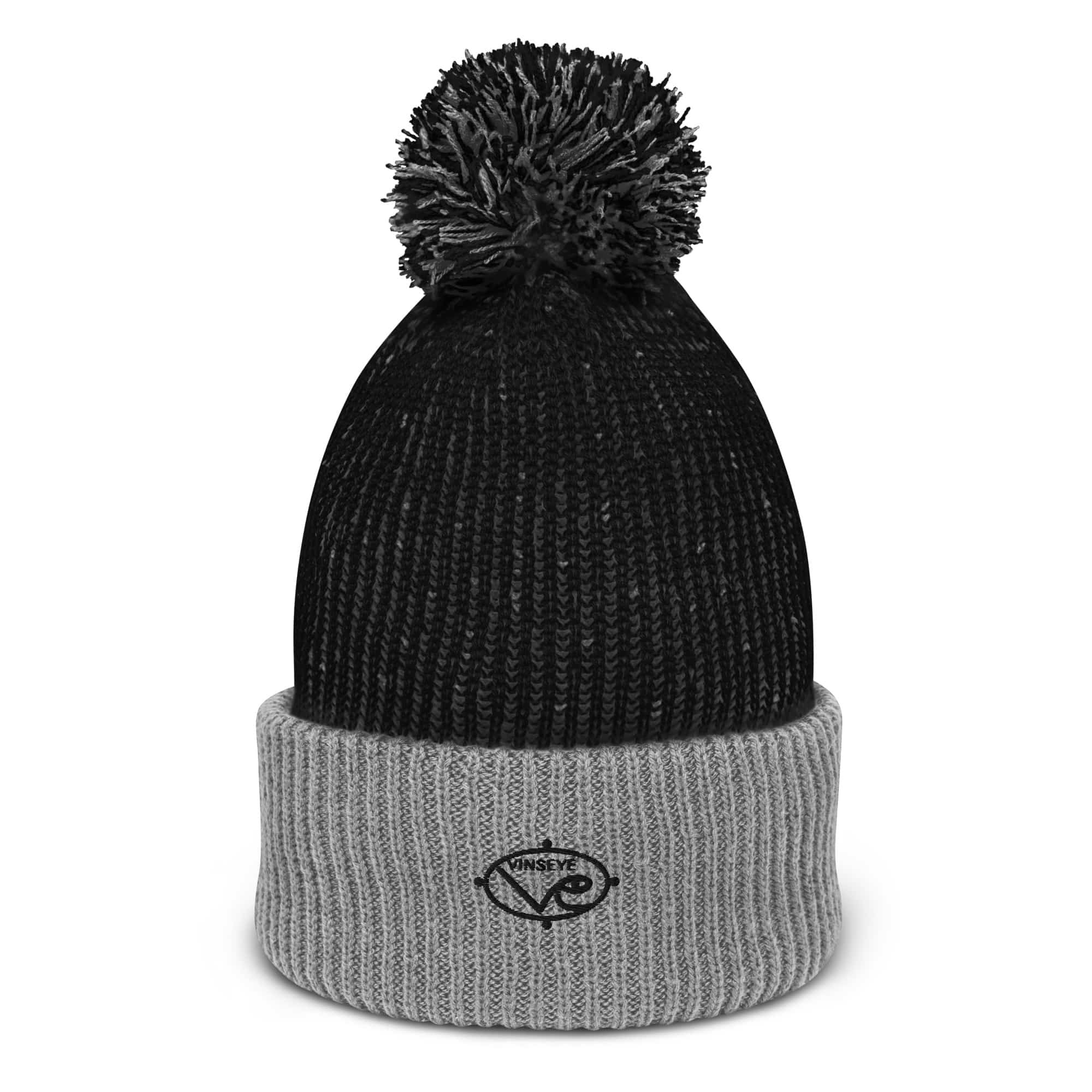 Bonnet à pompon brodé noir gris Vinseye-influensse