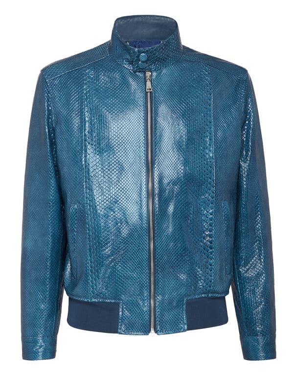 Blouson cuir python bleu clair Billionaire-influensse