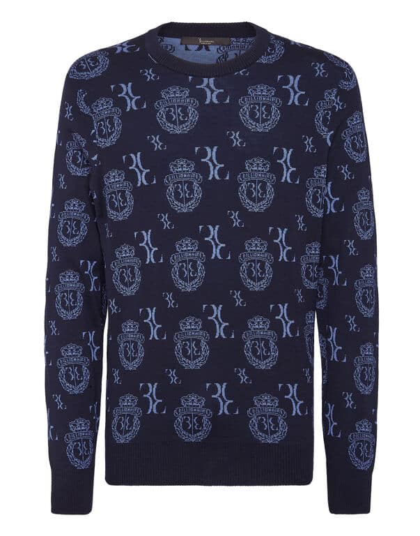 Pull laine jacquard bleu foncé Billionaire-influensse