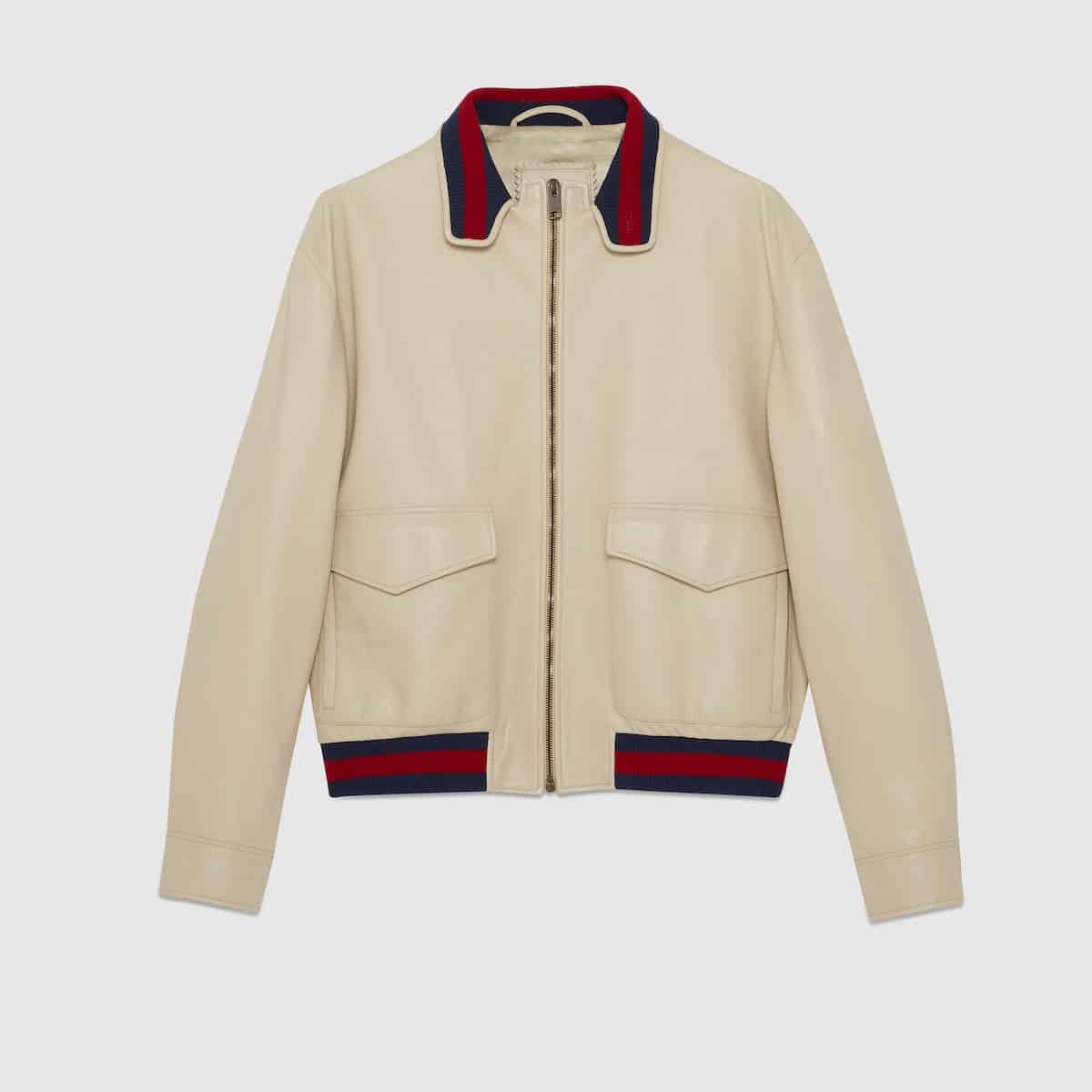 Blouson cuir bande Web beige Gucci-influensse