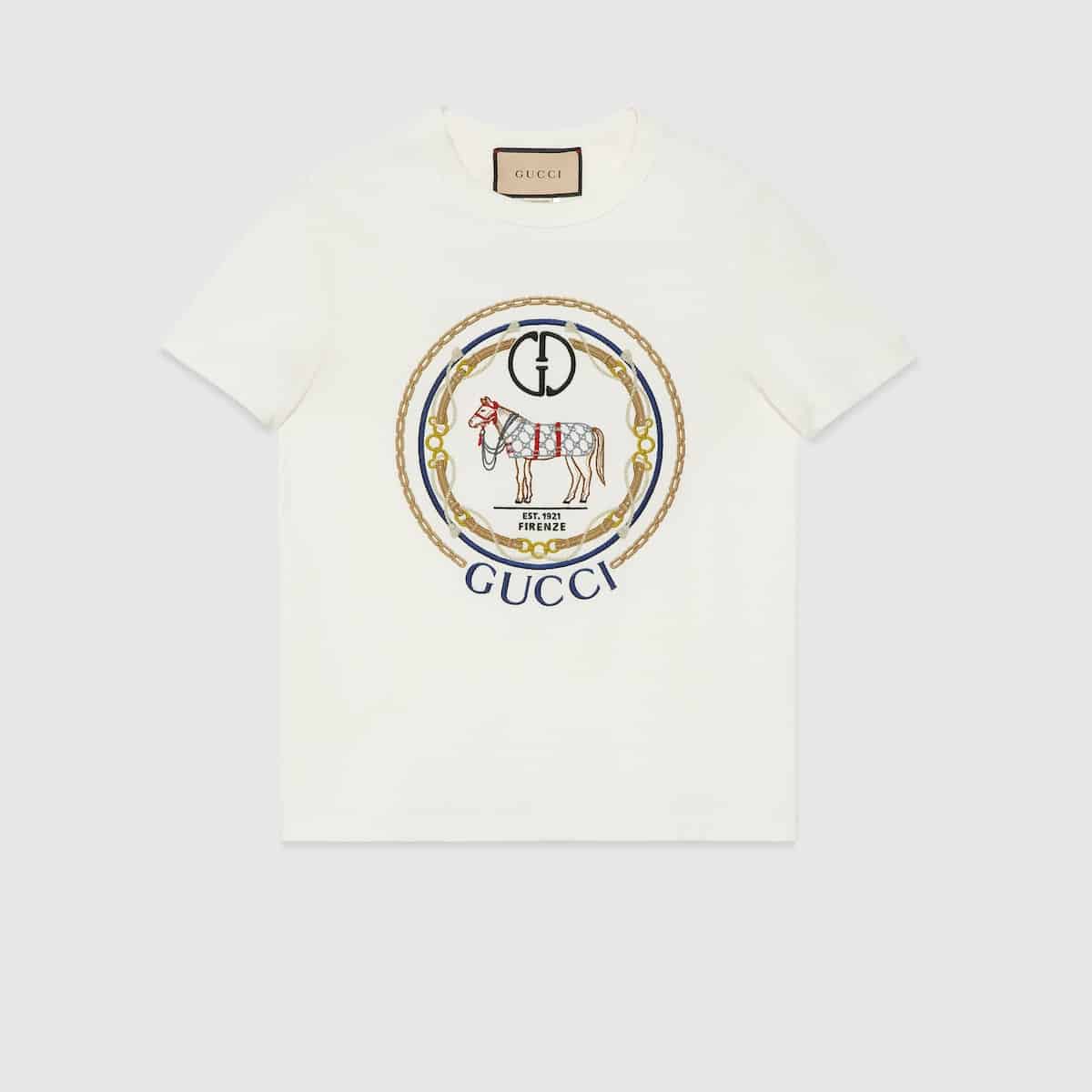 T-shirt coton GG enlacés cristaux brodés blanc cassé Gucci-influensse