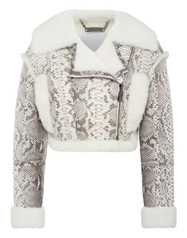 Veste cropped Skull&Bones cuir python blanc Philipp Plein-influensse