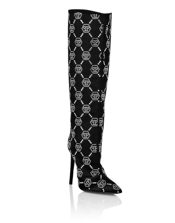 Bottines hautes satin monogram crystal noir Philipp Plein-influensse