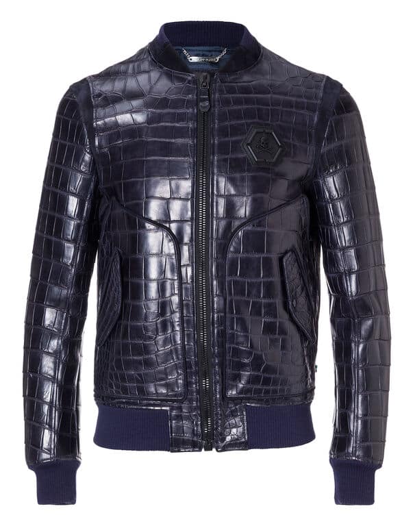Blouson luxe cuir crocodile Tiger Face bleu Philipp Plein-influensse