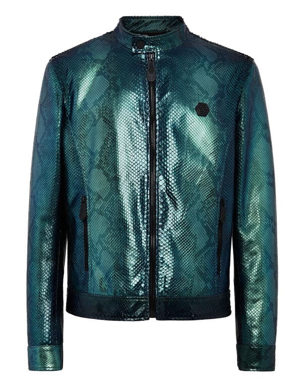 Blouson Skull cuir python vert Philipp Plein-influensse