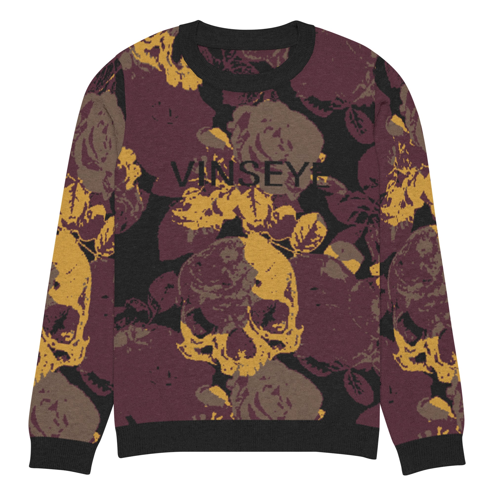 Pull tricot streetwear luxe Skulls Flowers bordeaux Vinseye-influensse
