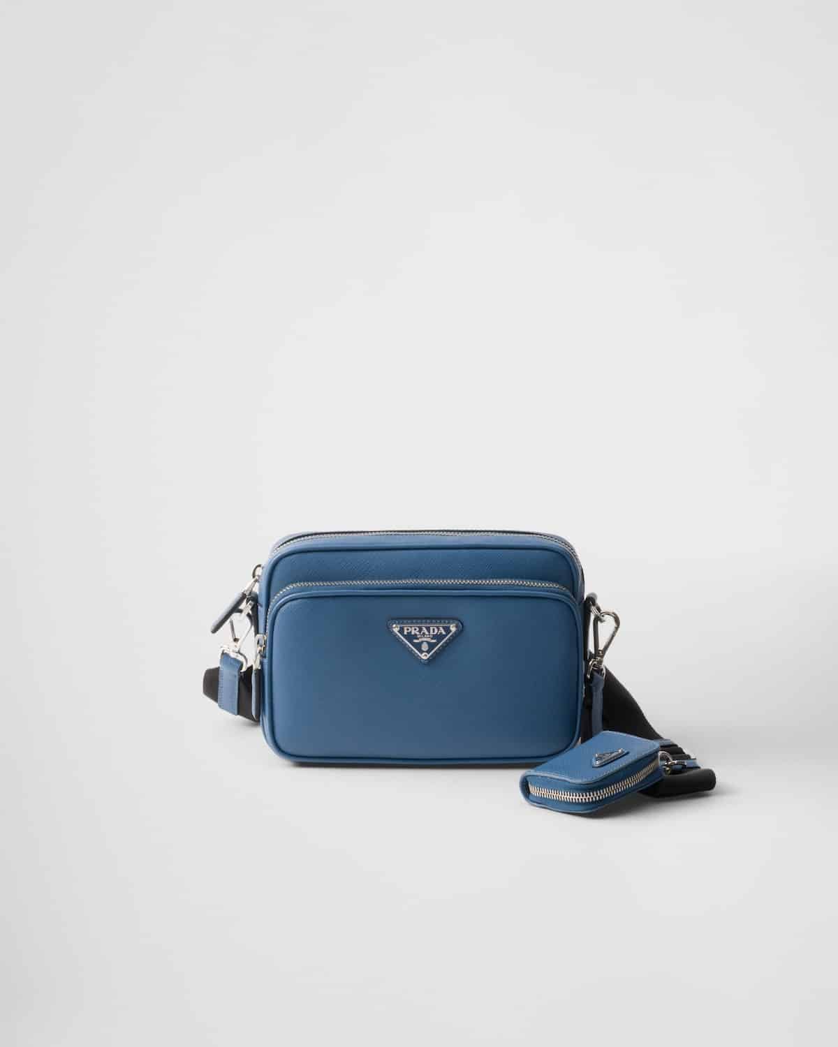 Sac à bandoulière cuir Saffiano bleu Prada-influensse