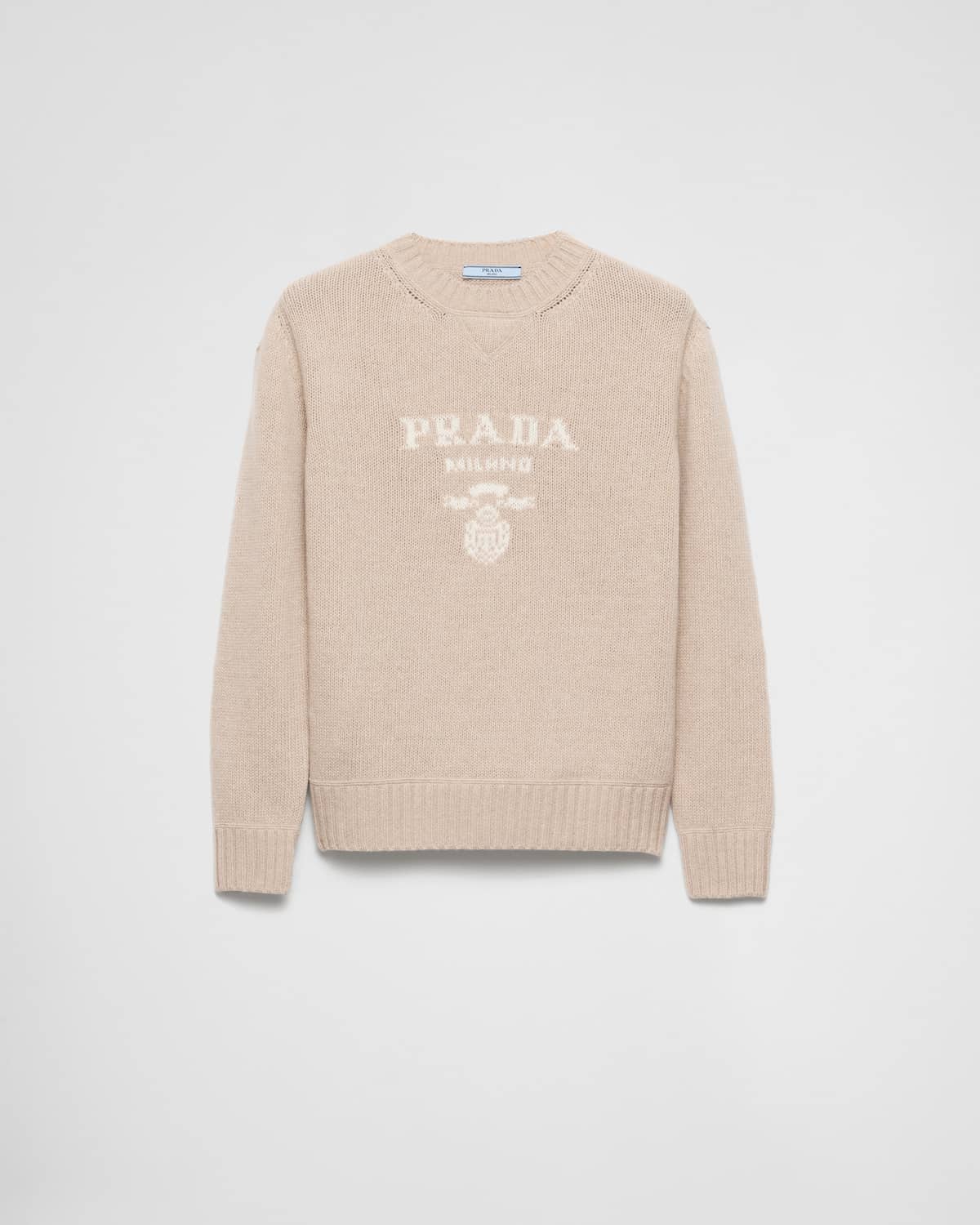 Pull laine cachemire logo beige désert Prada-influensse