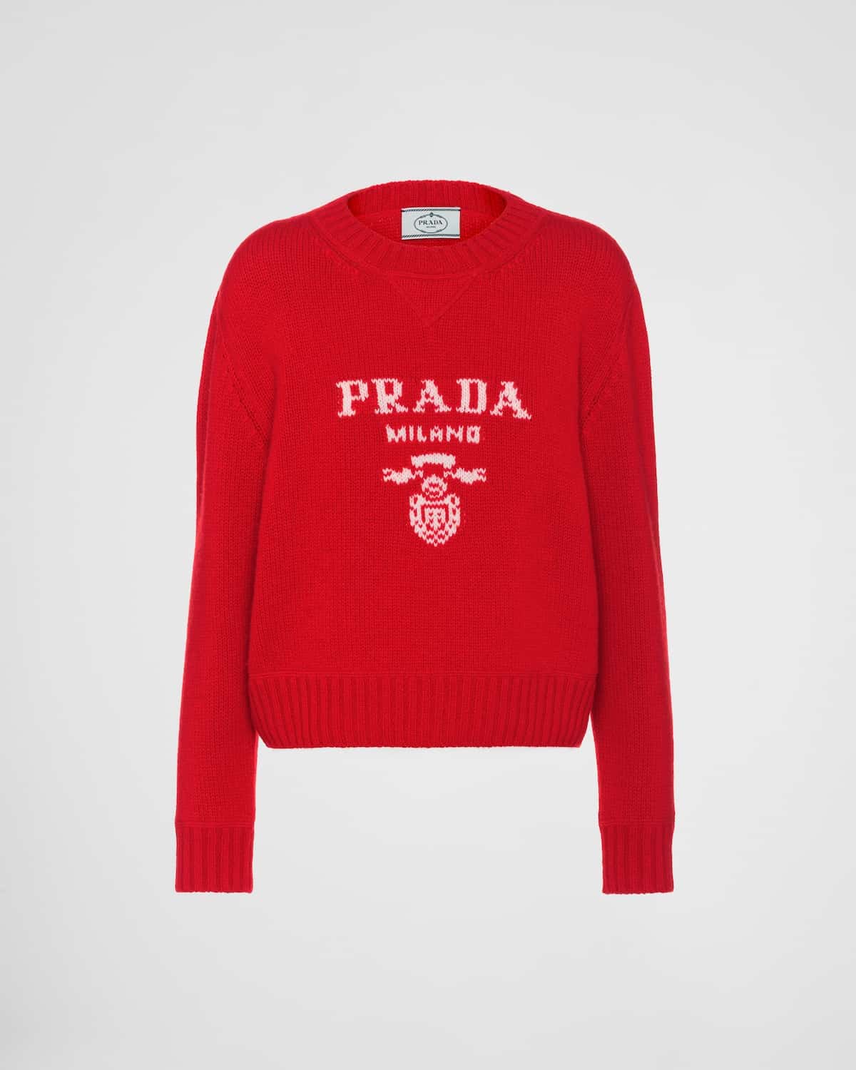 Pull laine cachemire logo rouge Prada-influensse