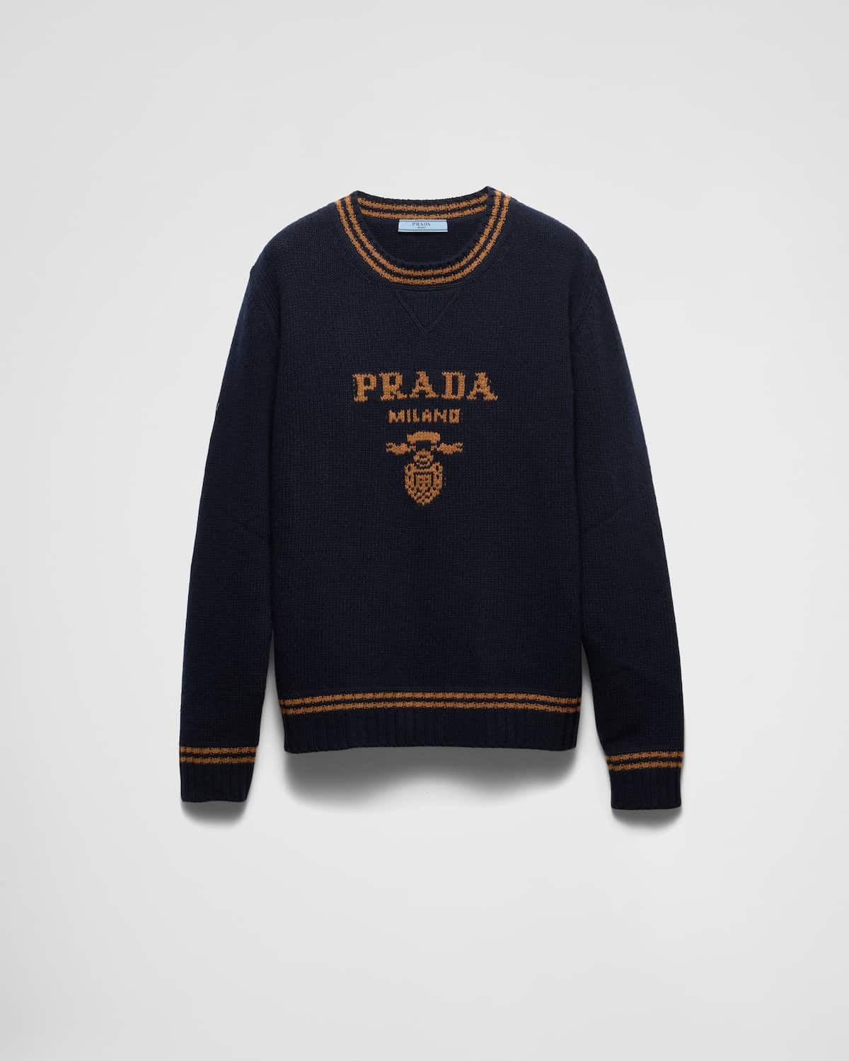 Pull laine cachemire logo bleu tabac Prada-influensse