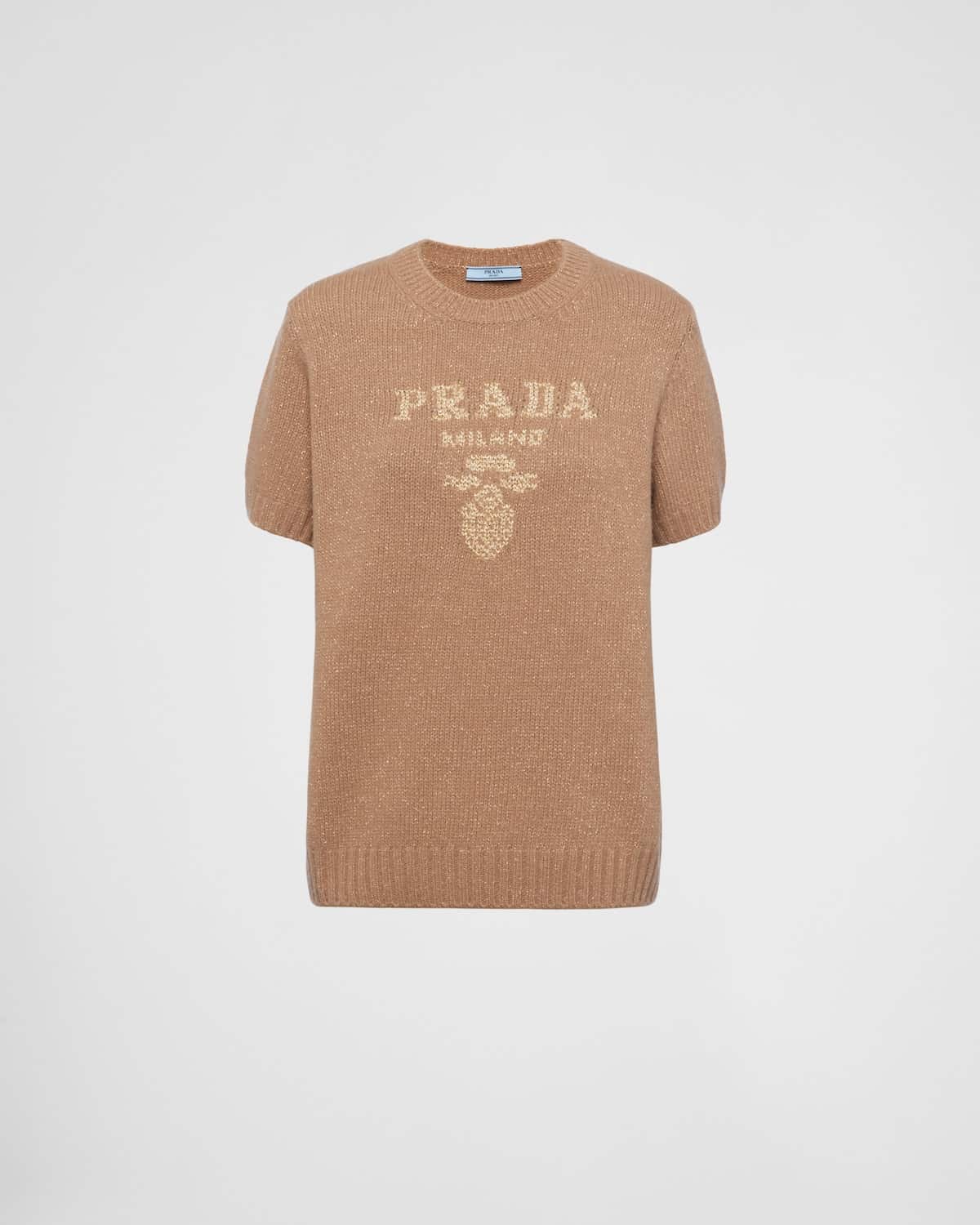 Pull laine cachemire MC fil lamé camel gold Prada-influensse
