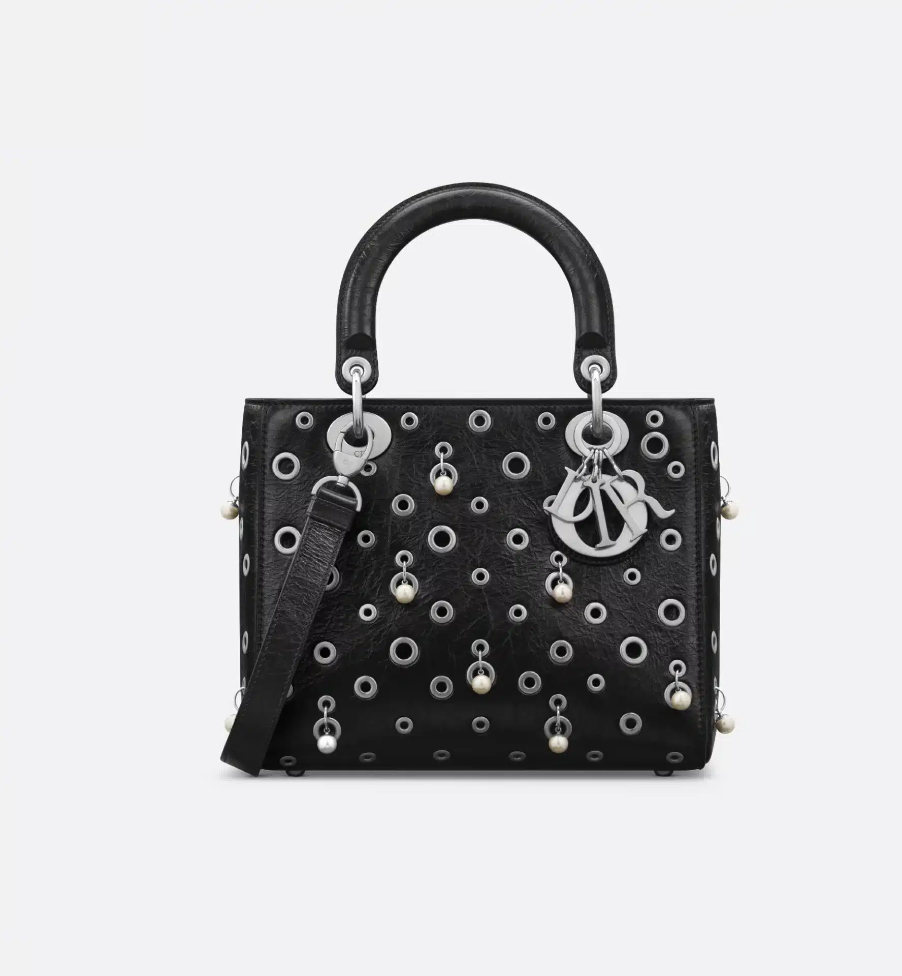 Sac à main Lady Dior Medium oeillets perles cuir craquelé noir Dior-influensse