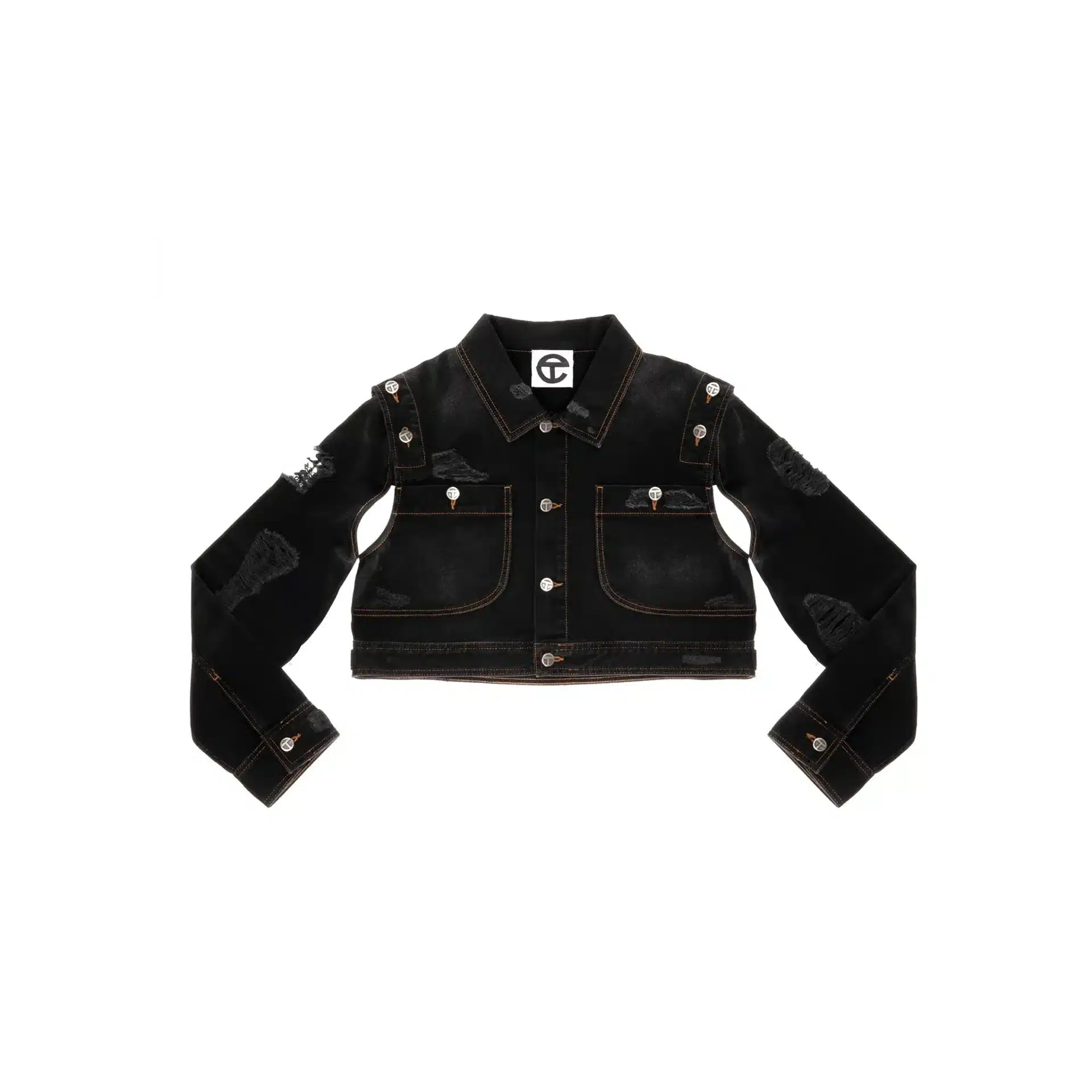 Veste jean cropped destroy amovible streetwear denim noir Telfar-influensse