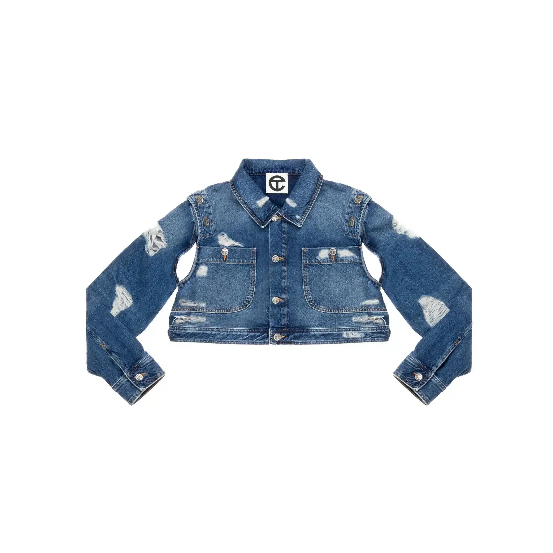 Veste jean cropped destroy amovible streetwear denim bleu Telfar-influensse