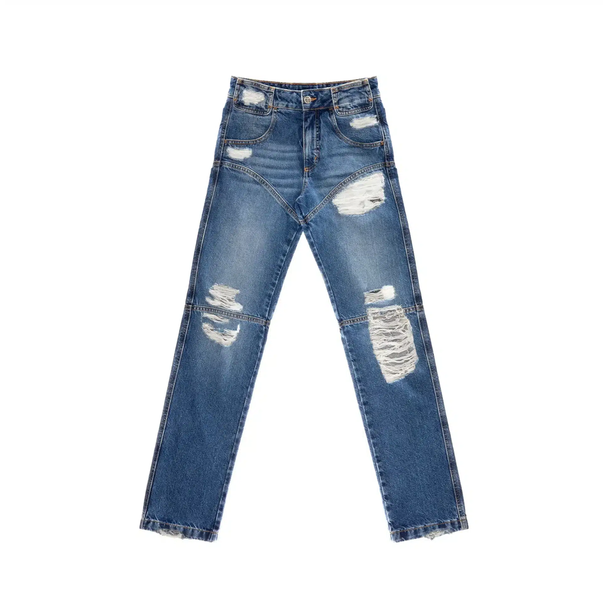 Jean destroy coupe droite streetwear luxe denim vieilli bleu Telfar-influensse