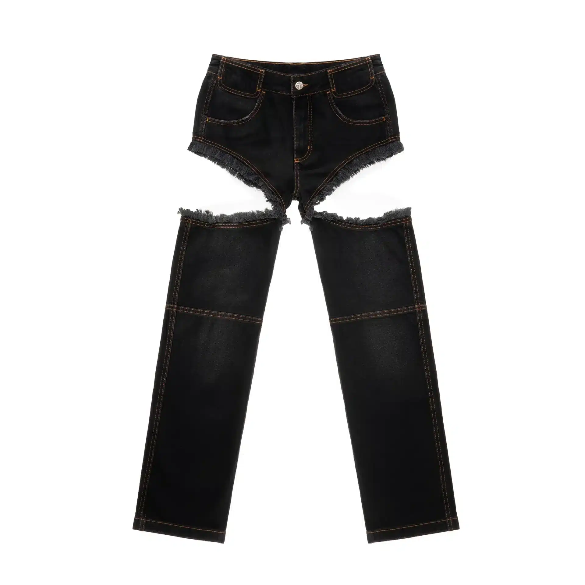 Jean denim destroy trous emblème TELFAR streetwear luxe Hip hop original avec ses cuisses découpées coupe relax en mode décontracté, réalisé en coton organic noir à combiner-influensse