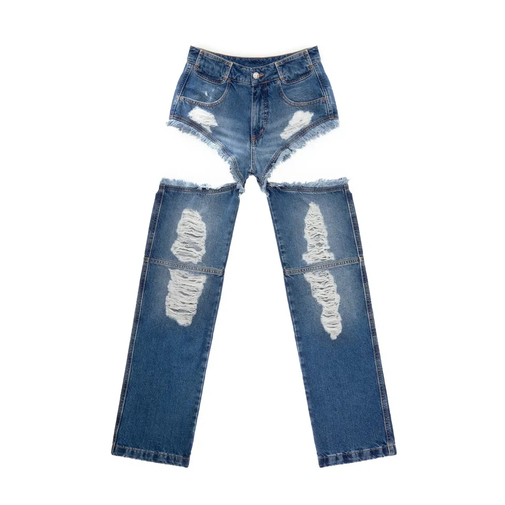 Jean destroy trous cuisses streetwear luxe denim vieilli bleu Telfar-influensse