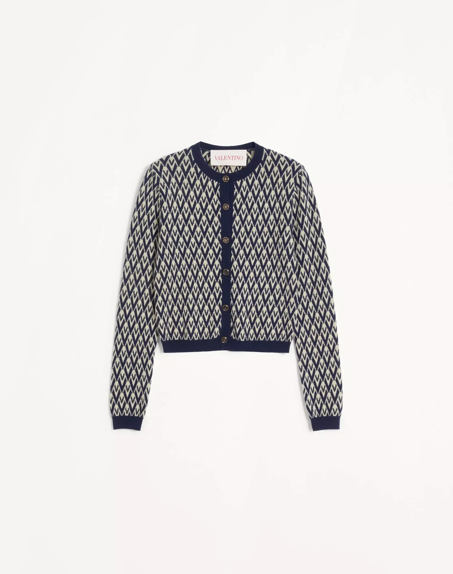 Cardigan laine luxe motif Toute la V crème bleu Valentino-influensse
