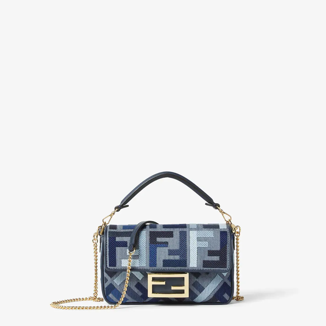 Sac Baguette mini chaine tissu FF bleu Fendi-influensse