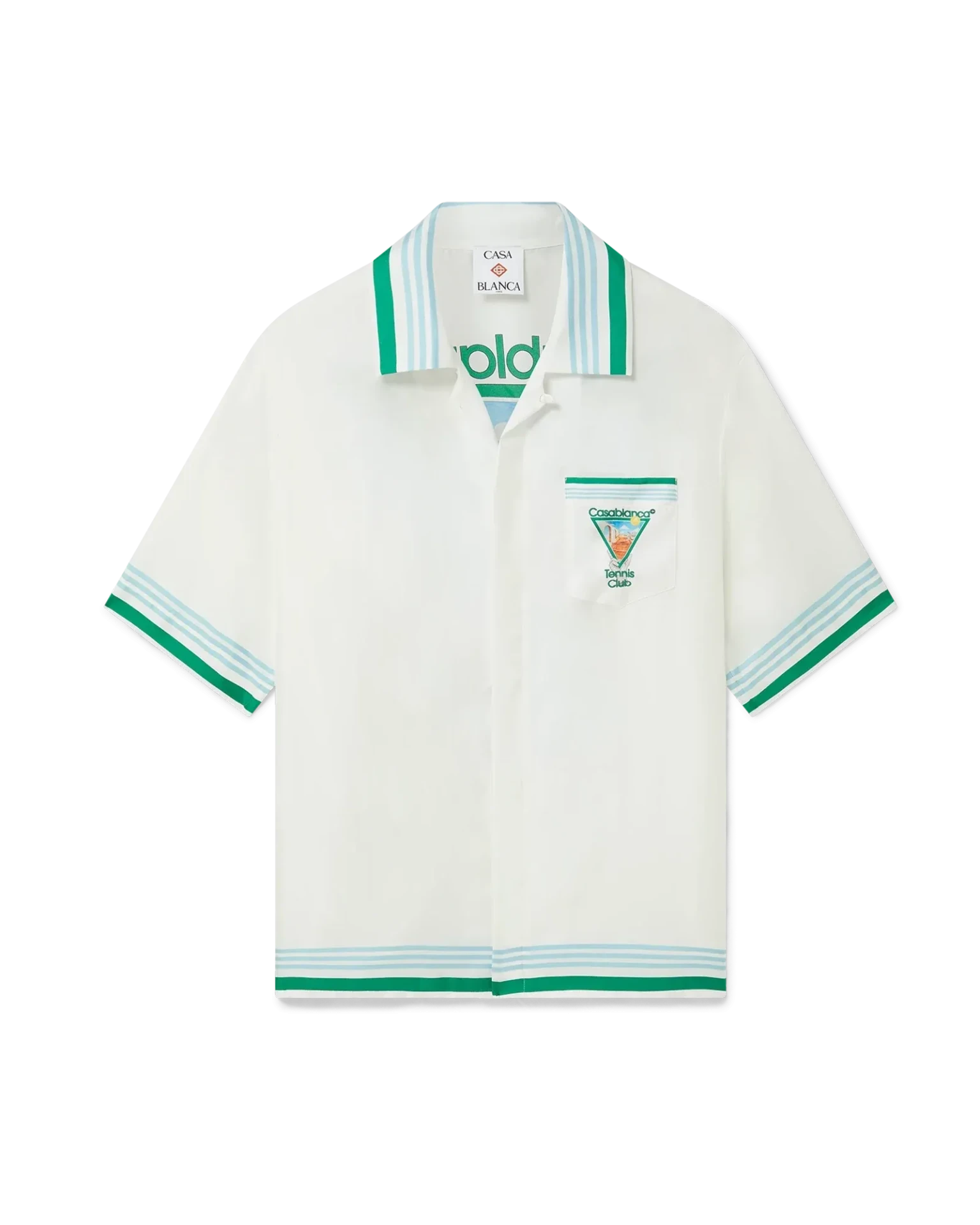 Chemise manches courtes Metaphysical Tennis Icon réalisé en sergé de soie blanc et vert inspiration de la Grèce antique, sublimé par l'imprimé motif maison Casablanca-influensse