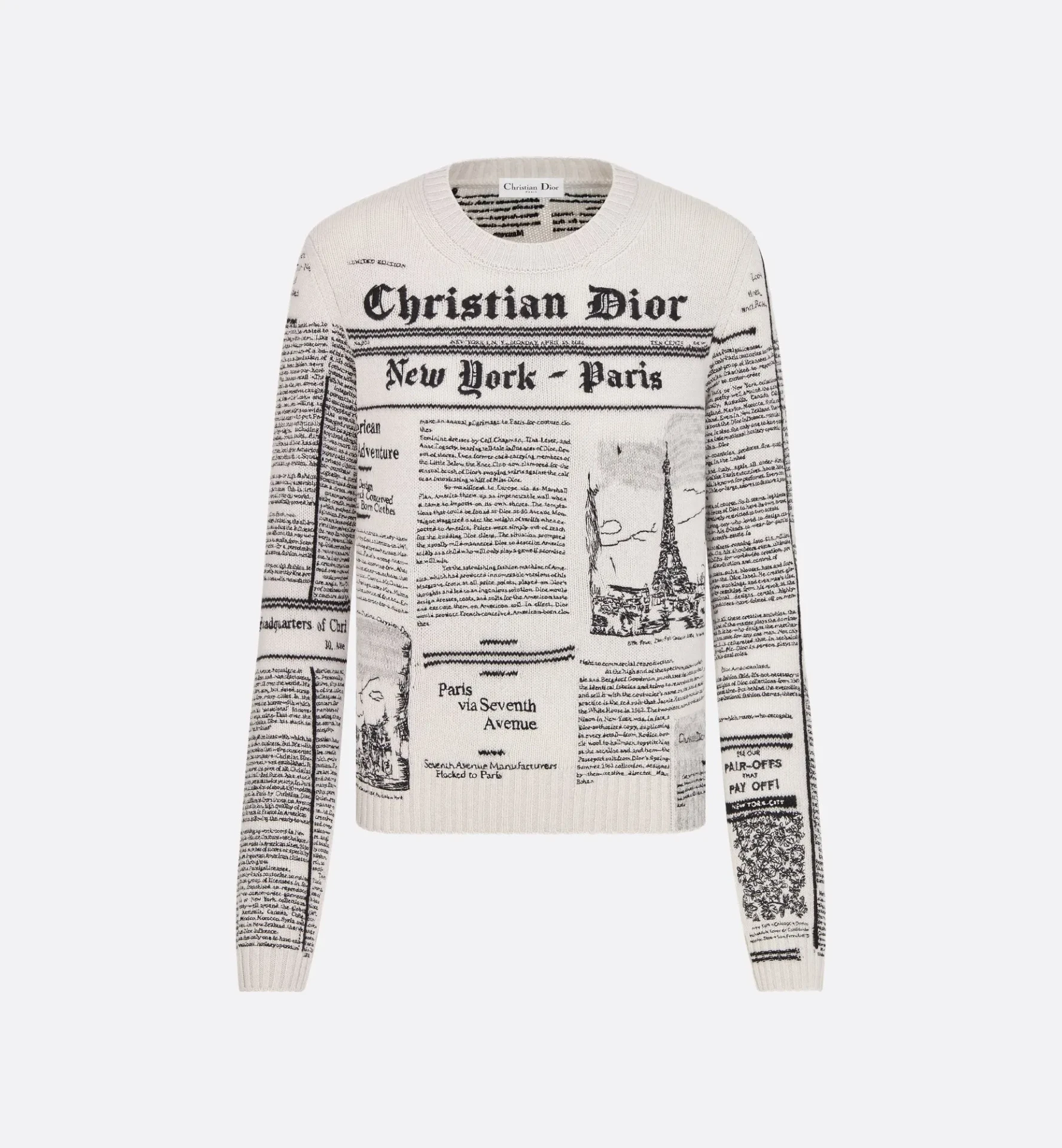 Pull brodé News Paper maille cachemire blanc noir Dior-influensse