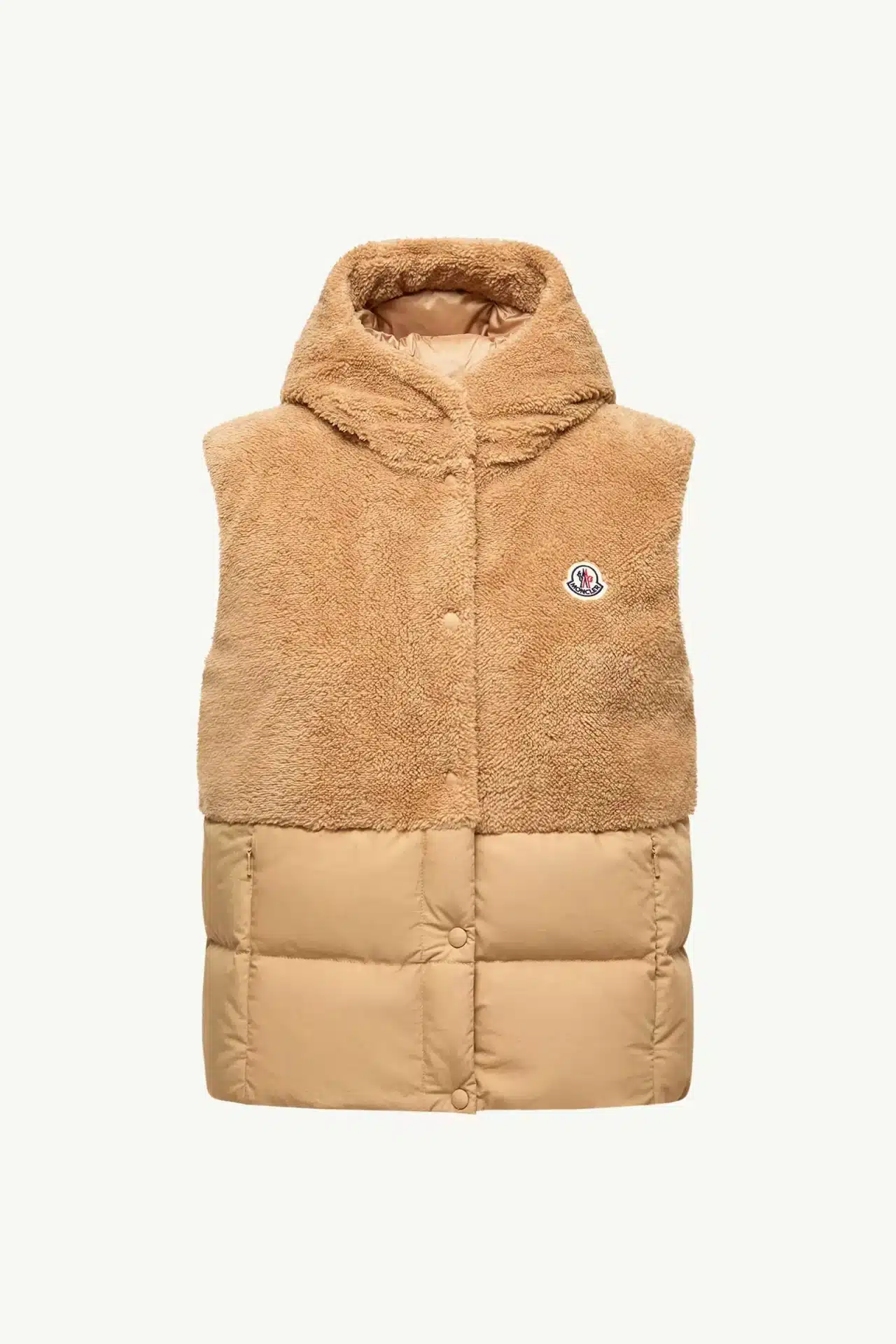 Doudoune sans manches capuche Teddy Floy beige chameau Moncler-influensse