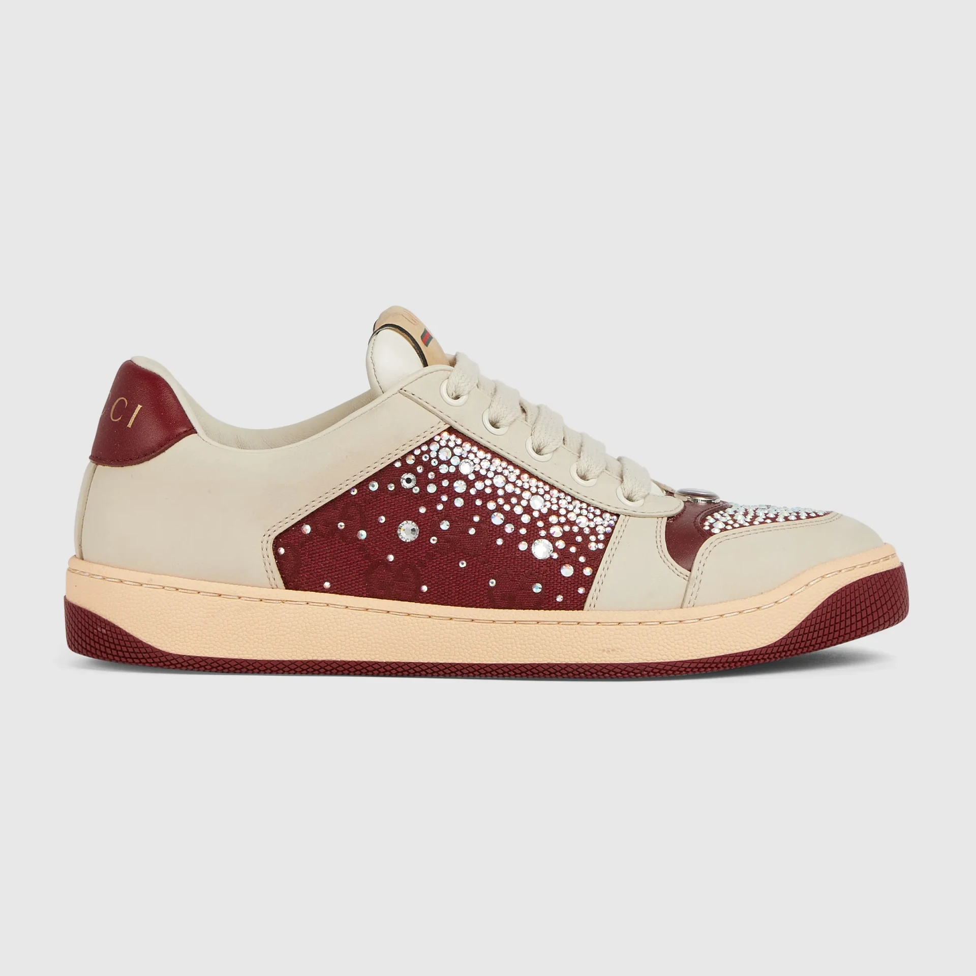 Sneaker Femme Screener GG cristaux cuir ivoire rouge Gucci-influensse