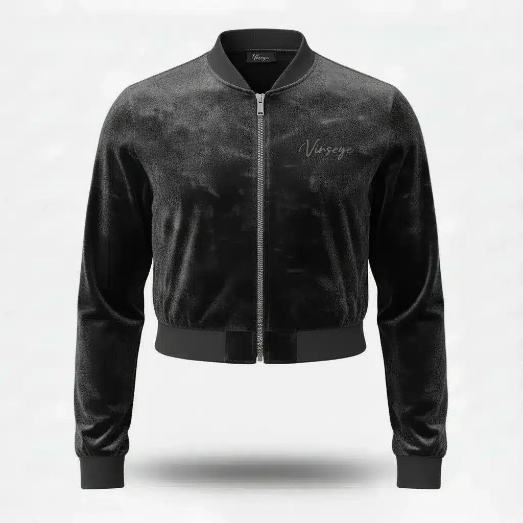 Veste Bomber crop top Velours Stretch noir Vinseye-influensse