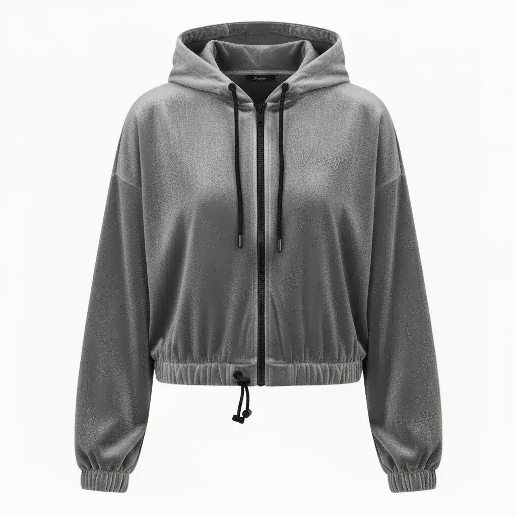 Veste à Capuche crop top Velours stretch gris Vinseye-influensse