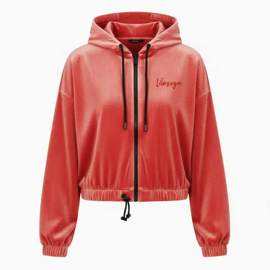 Veste à Capuche crop top Velours stretch rouge Vinseye-influensse