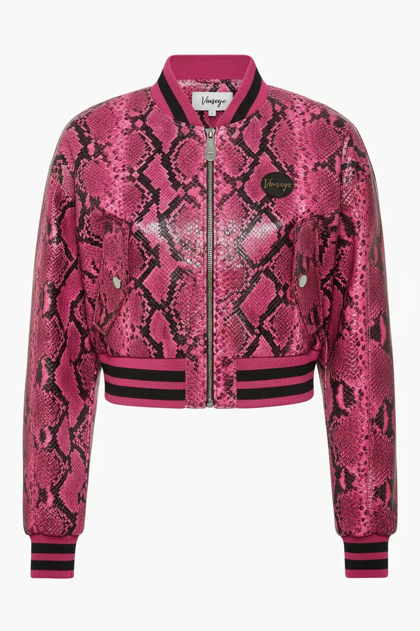 Veste Bomber crop top cuir python rose Vinseye-influensse