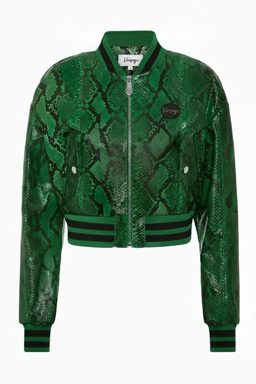 Veste Bomber crop top cuir python vert Vinseye-influensse