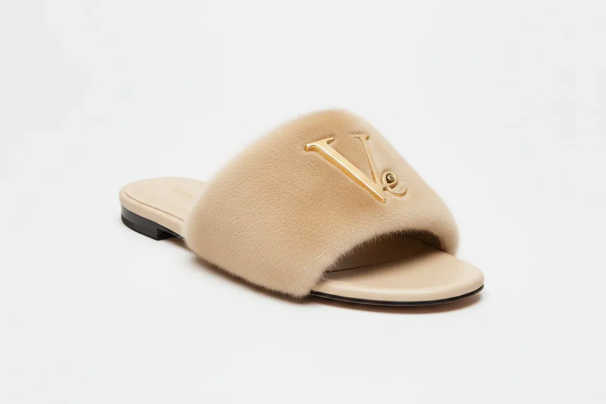 Sandale luxe Pelage Signature Cuir Fourrure crème Vinseye-influensse