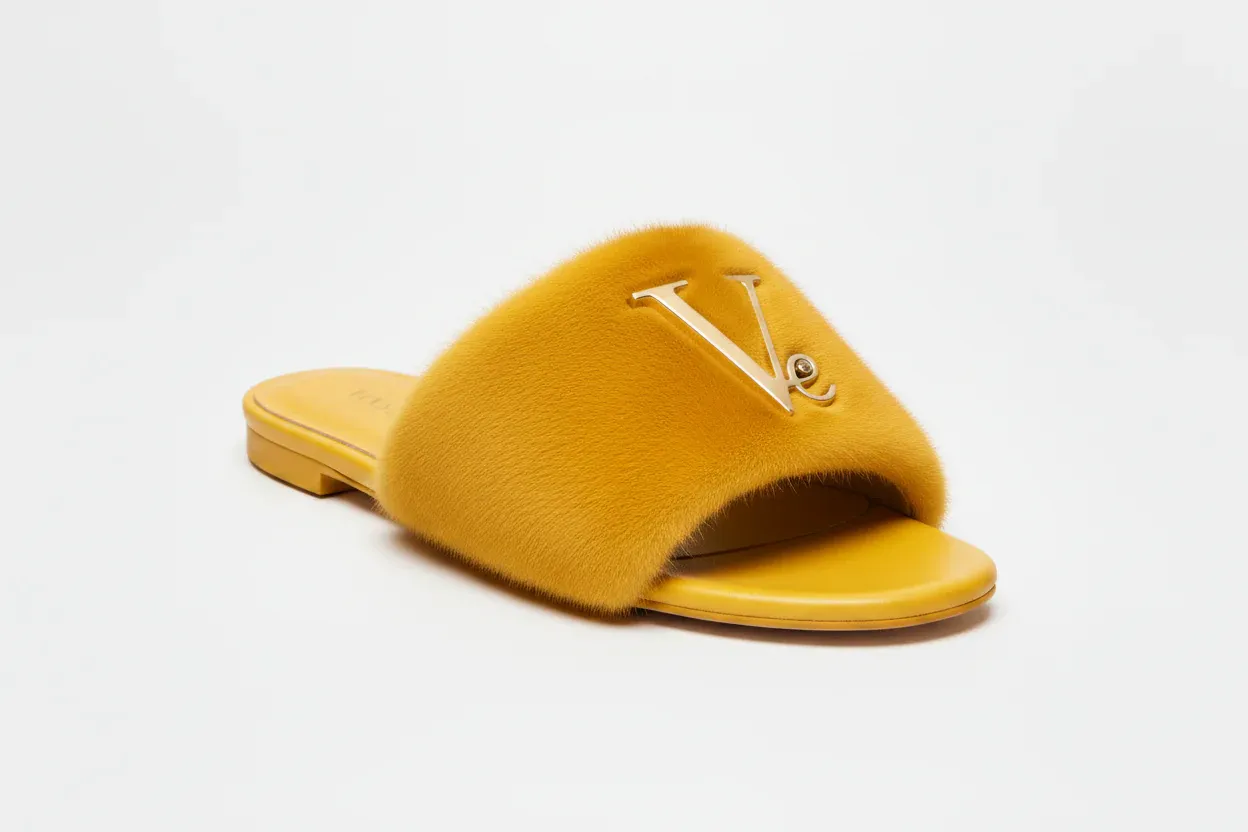 Sandale luxe Pelage Signature Cuir Fourrure jaune Vinseye-influensse