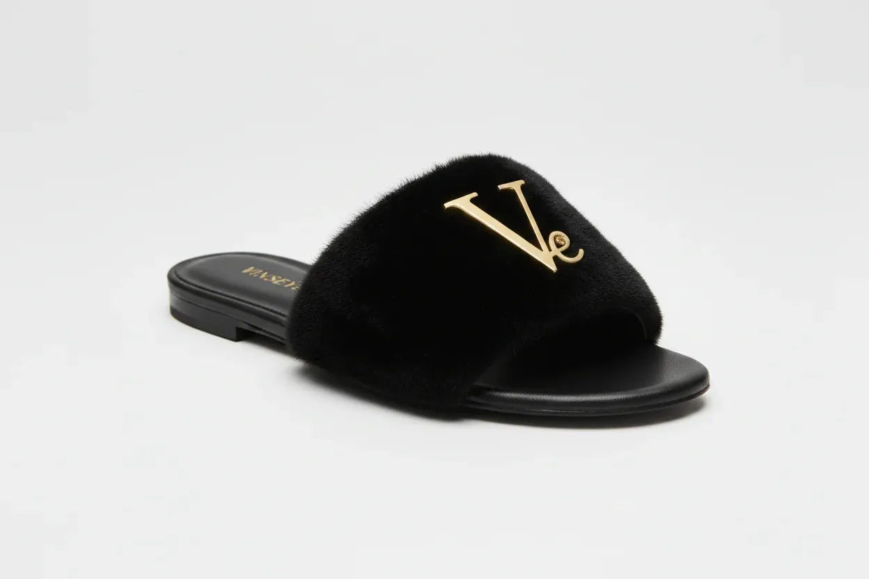 Sandale luxe Pelage Signature Cuir Fourrure noir Vinseye-influensse