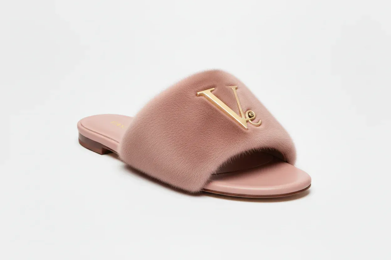 Sandale luxe Pelage Signature Cuir Fourrure rose Vinseye-influensse