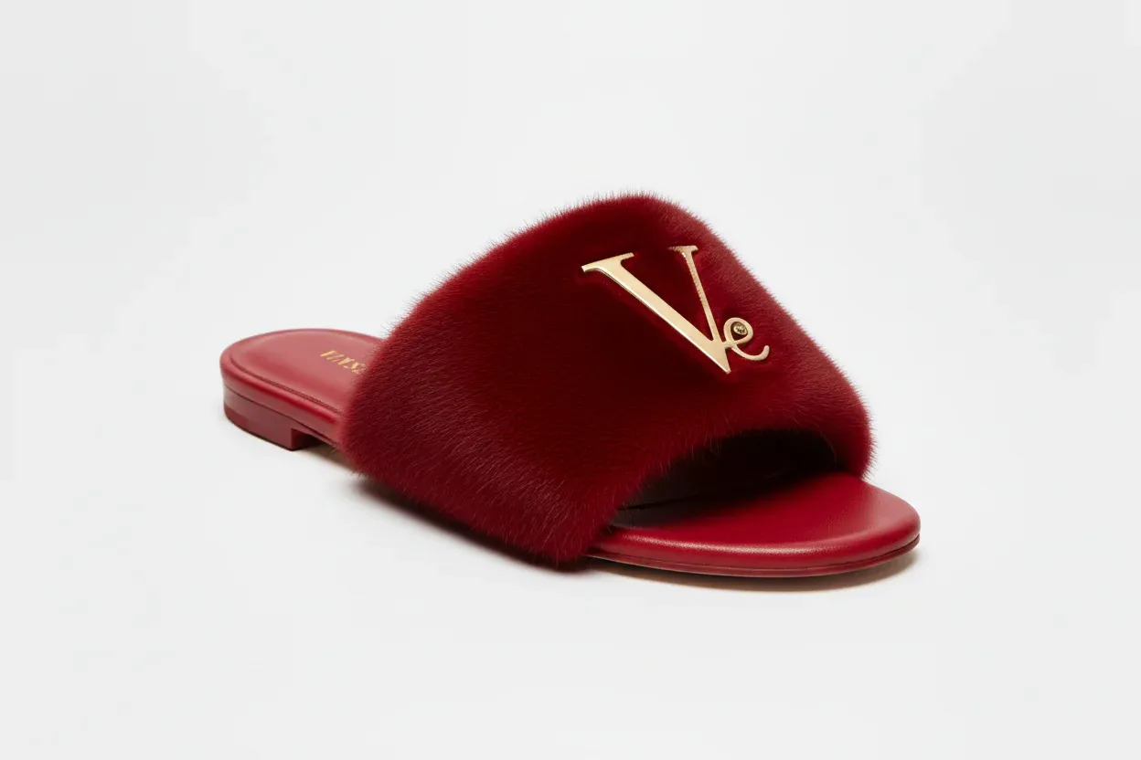Sandale luxe Pelage Signature Cuir Fourrure rouge Vinseye-influensse