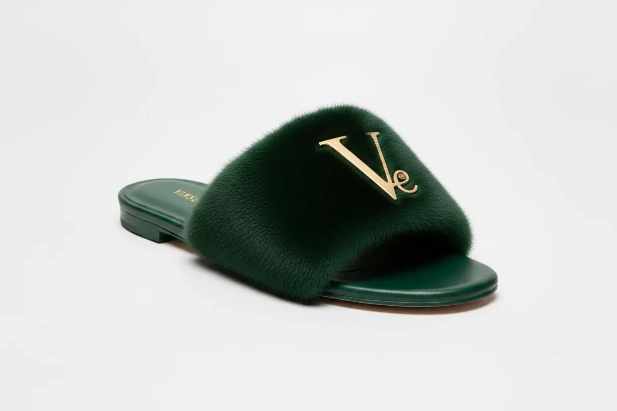 Sandale luxe Pelage Signature Cuir Fourrure vert tara Vinseye-influensse