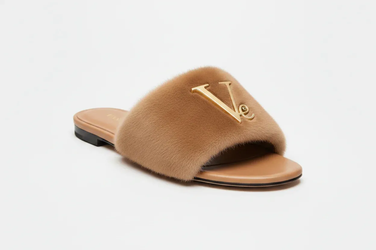 Sandale luxe Pelage Signature Cuir Fourrure camel Vinseye-influensse