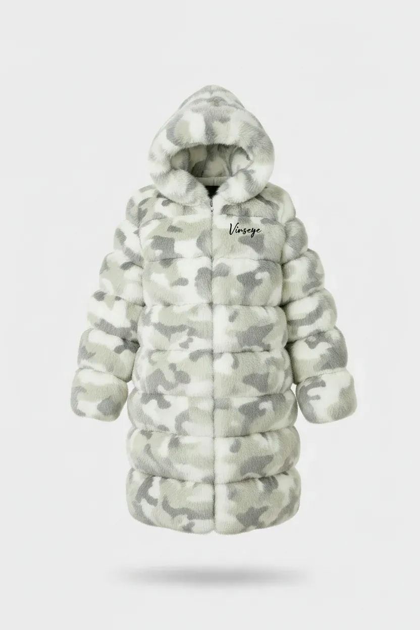 Doudoune Homme longue à capuche fourrure camo blanc Vinseye-influensse