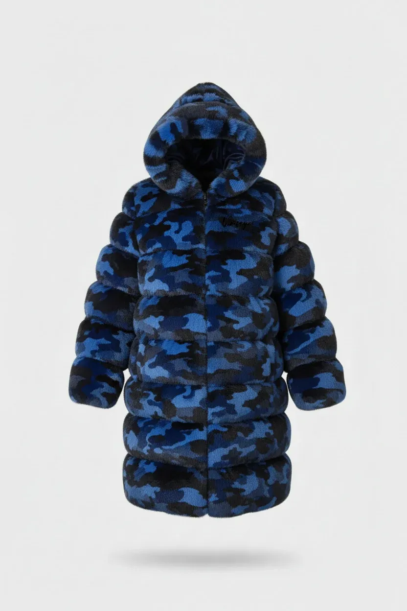 Doudoune Homme longue à capuche fourrure camo bleu Vinseye-influensse