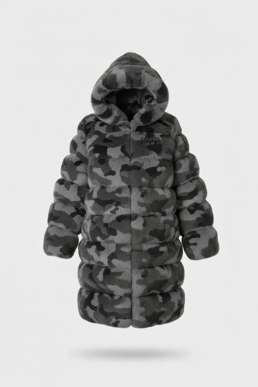 Doudoune Homme longue à capuche fourrure camo gris Vinseye-influensse