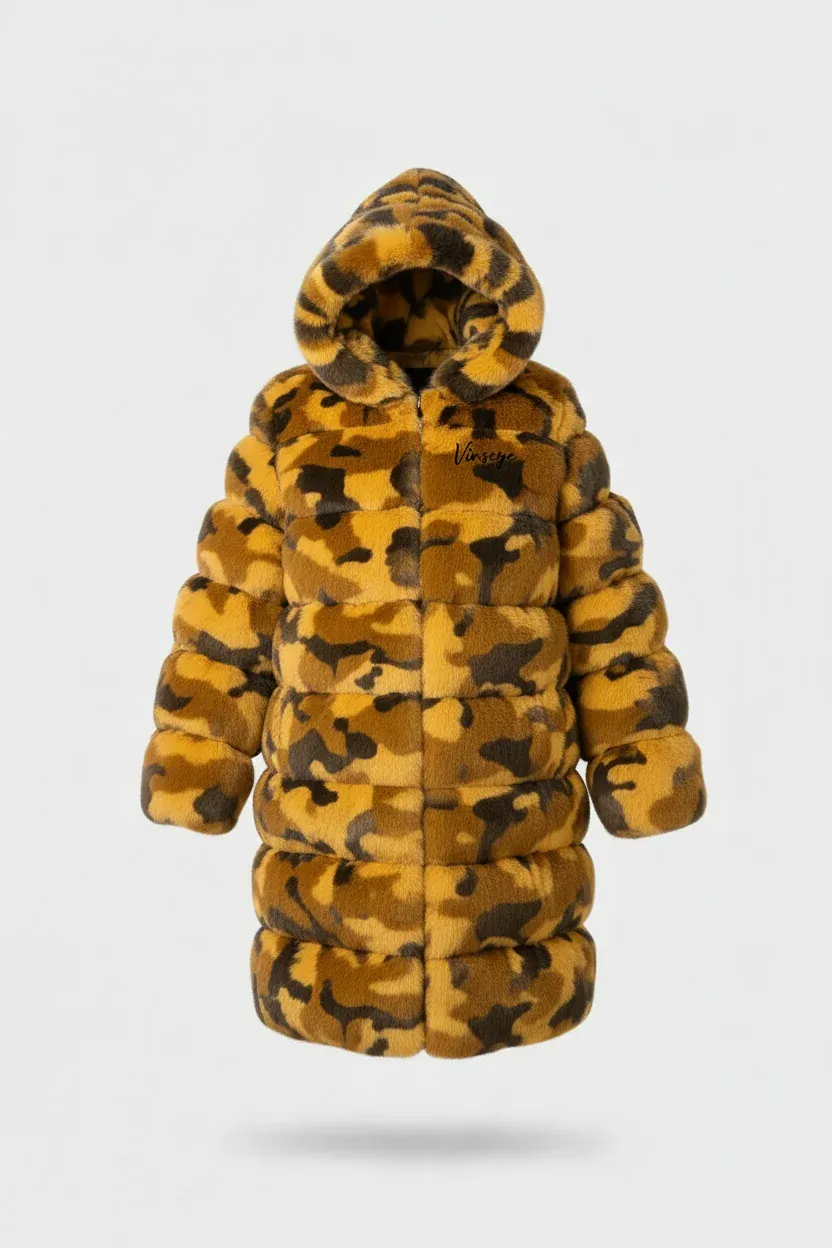 Doudoune Homme longue à capuche fourrure camo jaune Vinseye-influensse