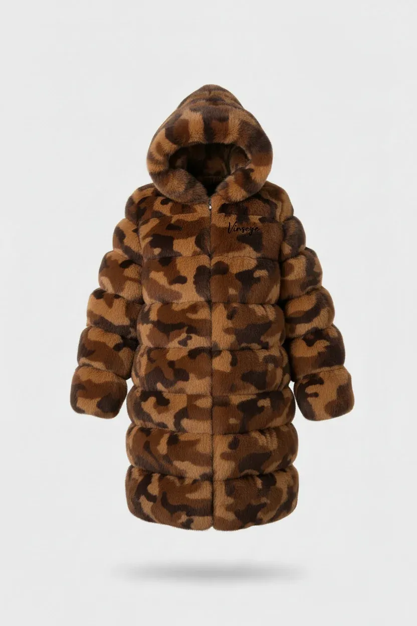 Doudoune Homme longue à capuche fourrure camo marron Vinseye-influensse