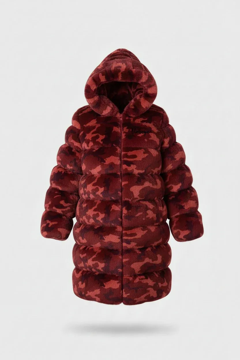 Doudoune Homme longue à capuche fourrure camo rouge Vinseye-influensse