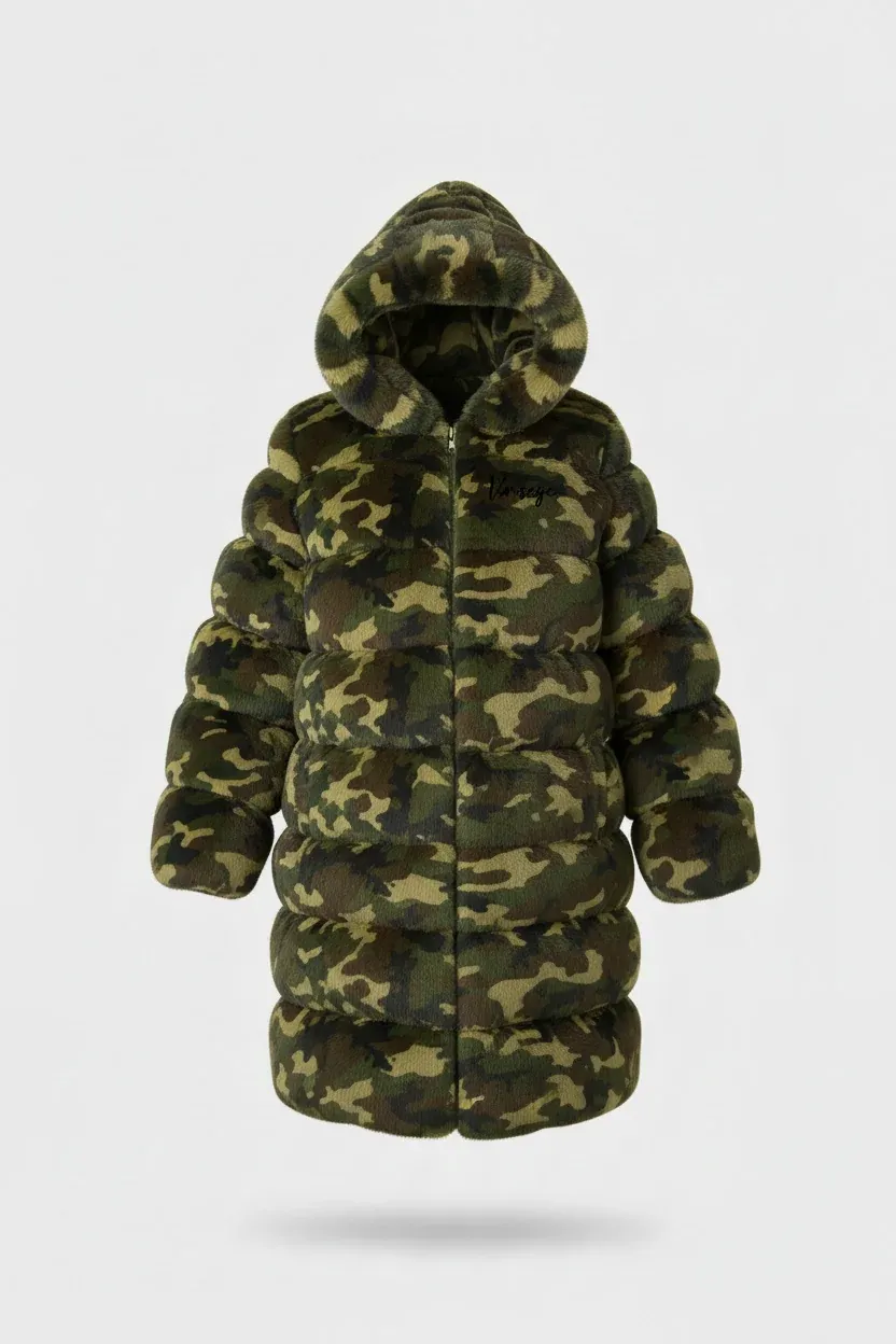 Doudoune Homme longue à capuche fourrure camo vert Vinseye-influensse