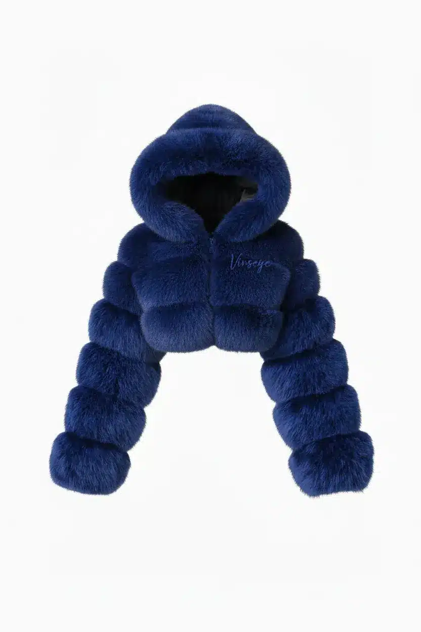 Blouson luxe Crop à Capuche Fourrure bleu Vinseye-influensse