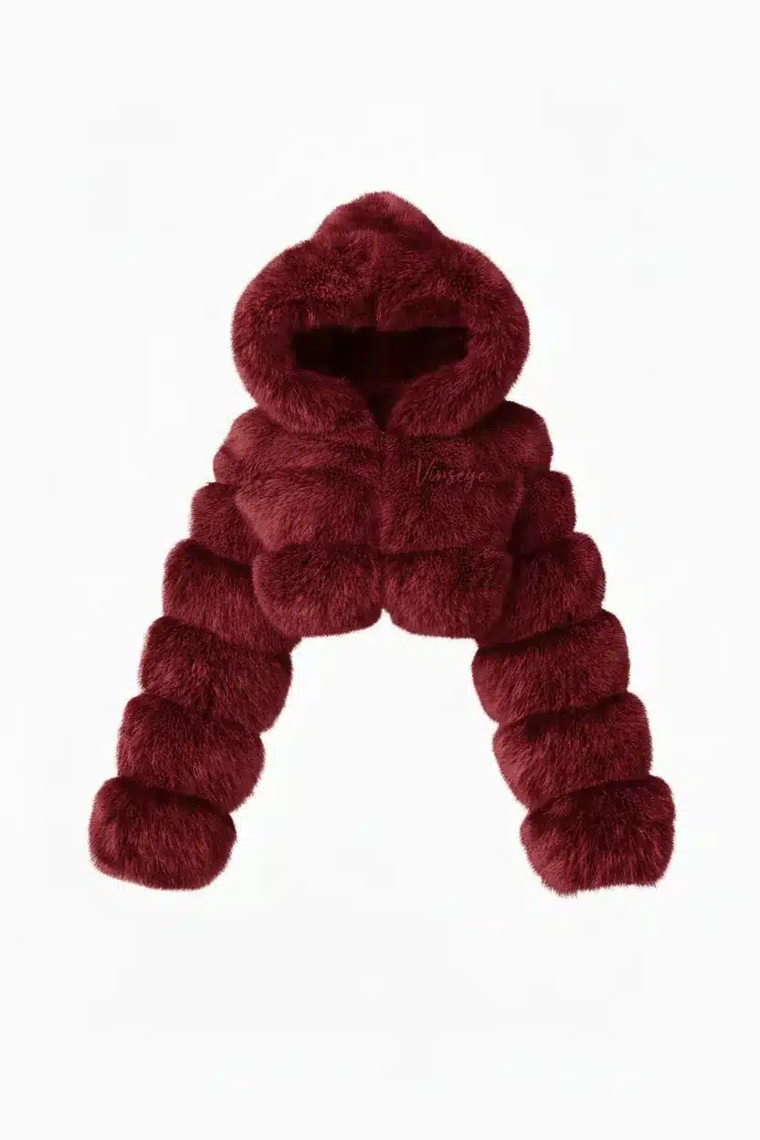 Blouson luxe Crop à Capuche Fourrure bordeaux Vinseye-influensse