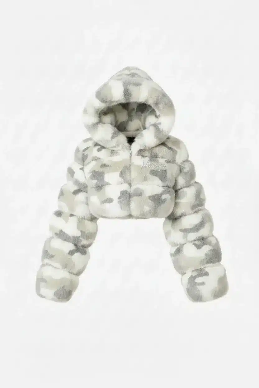 Blouson Crop à Capuche Fourrure Camo Blanc Vinseye-influensse
